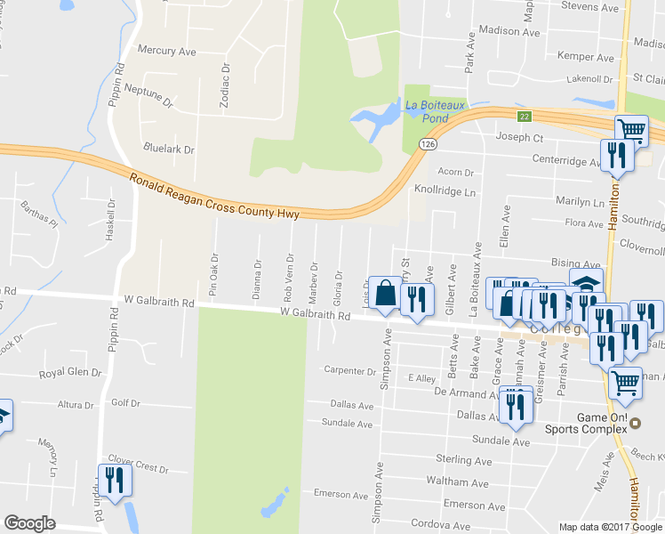 map of restaurants, bars, coffee shops, grocery stores, and more near 6927 Gloria Drive in Cincinnati
