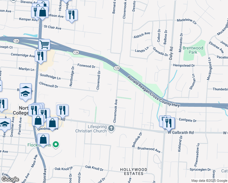 map of restaurants, bars, coffee shops, grocery stores, and more near 7023 Clovernook Avenue in Cincinnati