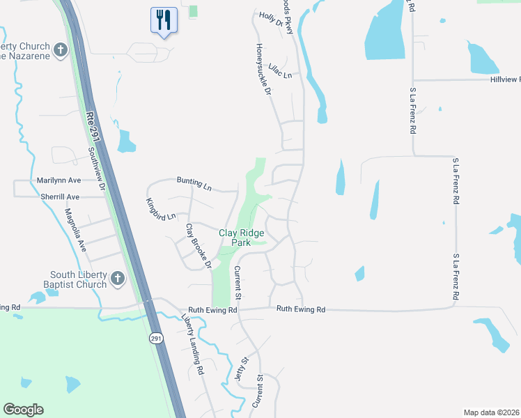 map of restaurants, bars, coffee shops, grocery stores, and more near 1116 Meadowlark Lane in Liberty