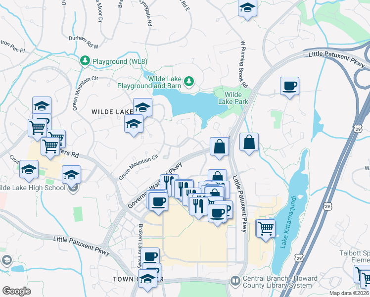 map of restaurants, bars, coffee shops, grocery stores, and more near 10277 Windstream Drive in Columbia