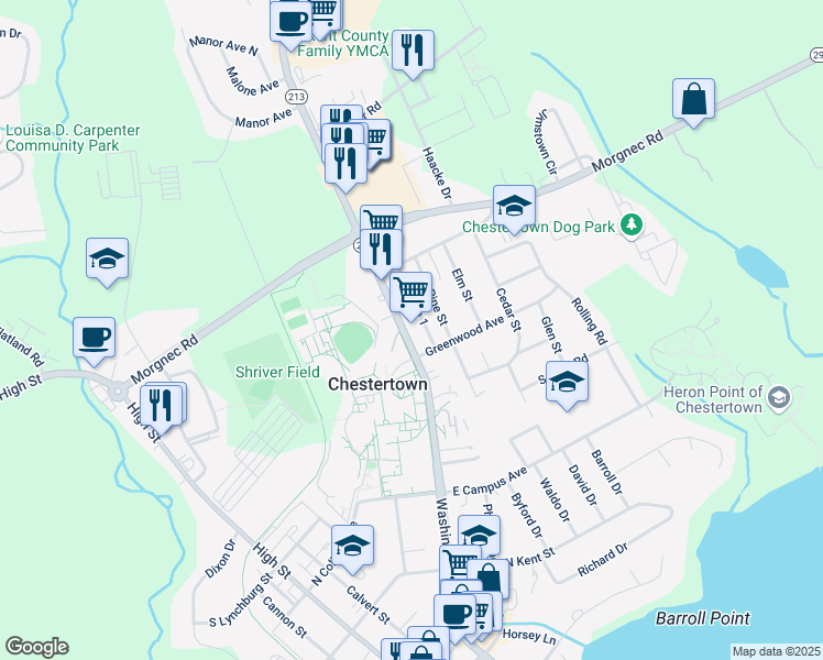 map of restaurants, bars, coffee shops, grocery stores, and more near 511 Maryland 213 in Chestertown