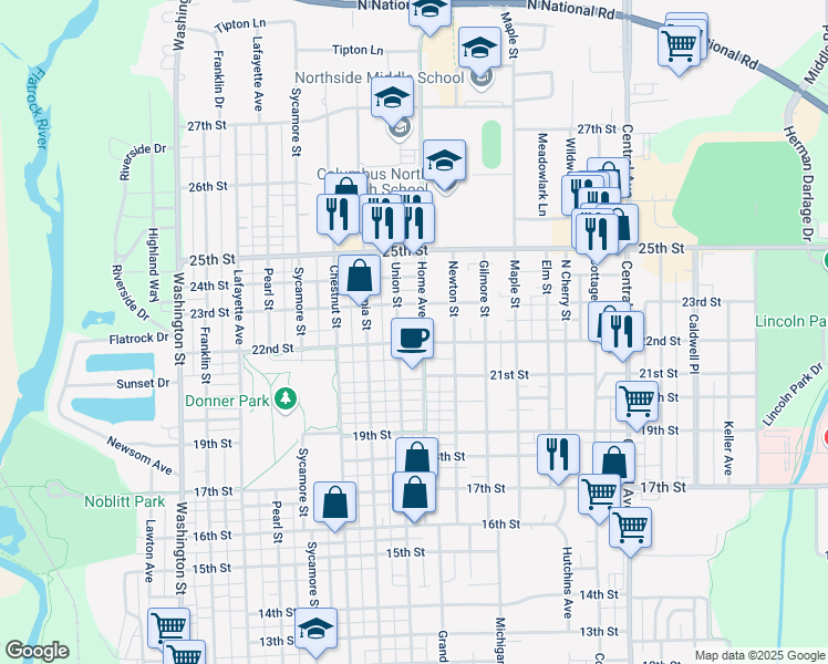 map of restaurants, bars, coffee shops, grocery stores, and more near 2208 Home Avenue in Columbus
