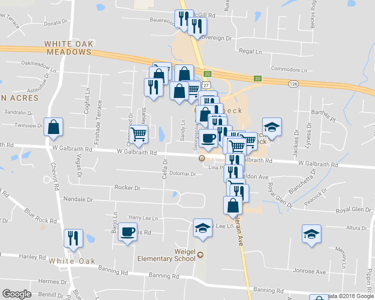 map of restaurants, bars, coffee shops, grocery stores, and more near 3260 Galbraith Road in Cincinnati