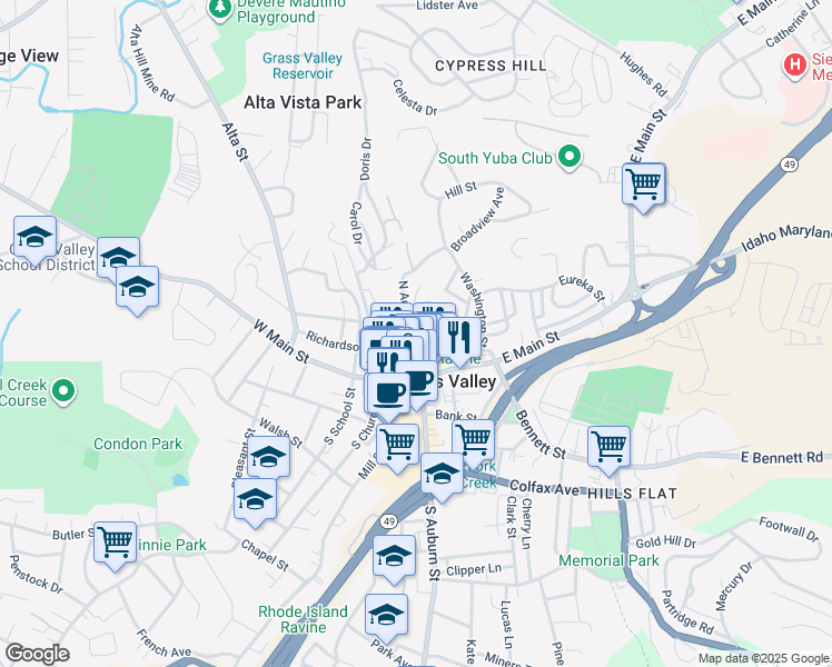 map of restaurants, bars, coffee shops, grocery stores, and more near 209 North Auburn Street in Grass Valley