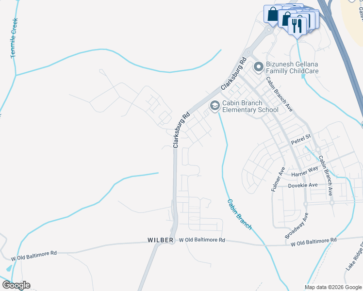 map of restaurants, bars, coffee shops, grocery stores, and more near 269 Redpoll Alley in Clarksburg
