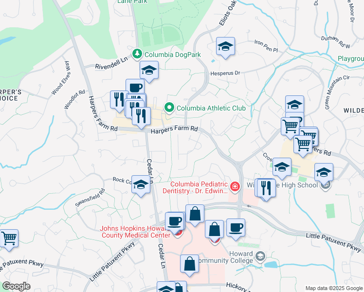 map of restaurants, bars, coffee shops, grocery stores, and more near 5496 Woodenhawk Circle in Columbia