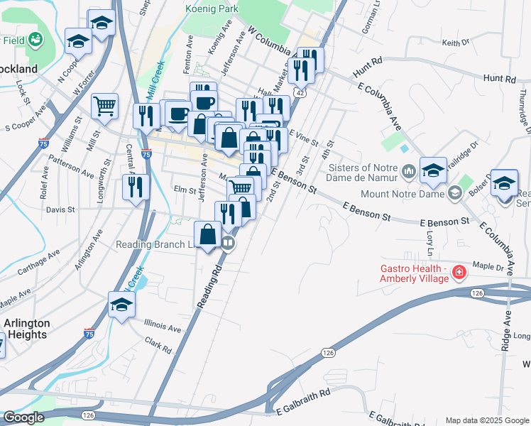 map of restaurants, bars, coffee shops, grocery stores, and more near 100 East Vorhees Street in Reading