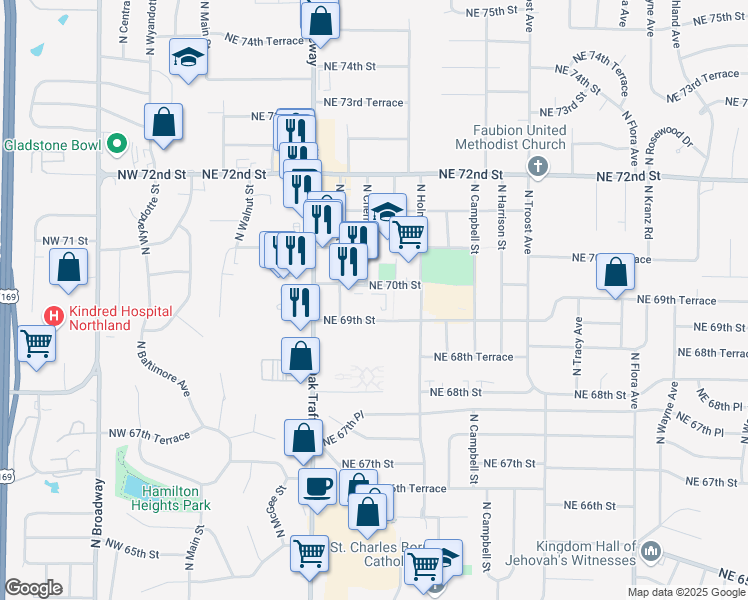 map of restaurants, bars, coffee shops, grocery stores, and more near 6907 North Cherry Street in Kansas City
