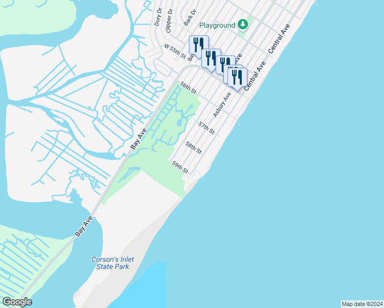 map of restaurants, bars, coffee shops, grocery stores, and more near 5811 Asbury Avenue in Ocean City