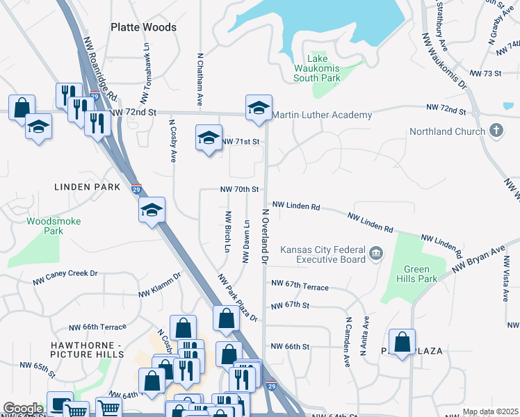map of restaurants, bars, coffee shops, grocery stores, and more near 6912 North Overland Drive in Kansas City