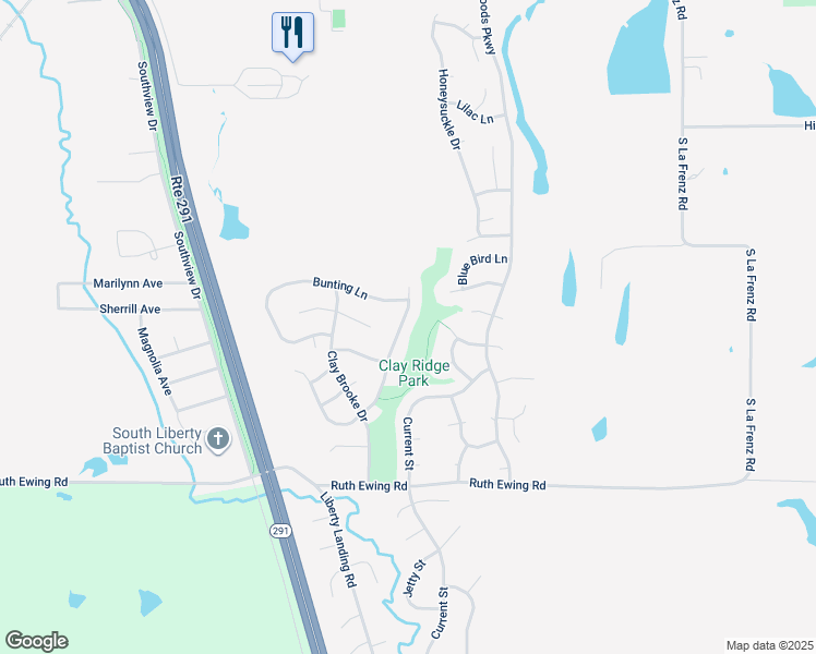 map of restaurants, bars, coffee shops, grocery stores, and more near 1825 Mourning Dove Dr in Liberty