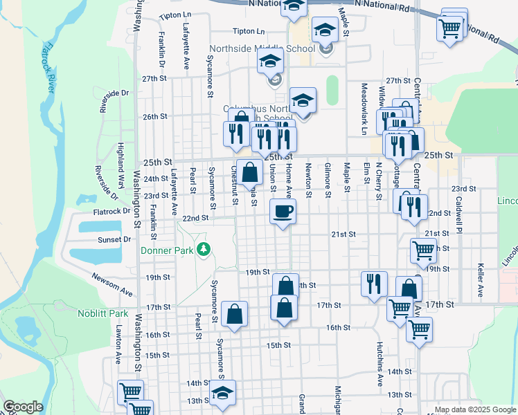 map of restaurants, bars, coffee shops, grocery stores, and more near 2211 California Street in Columbus