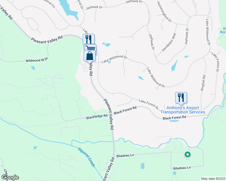 map of restaurants, bars, coffee shops, grocery stores, and more near 18796 Lake Forest Drive in Penn Valley