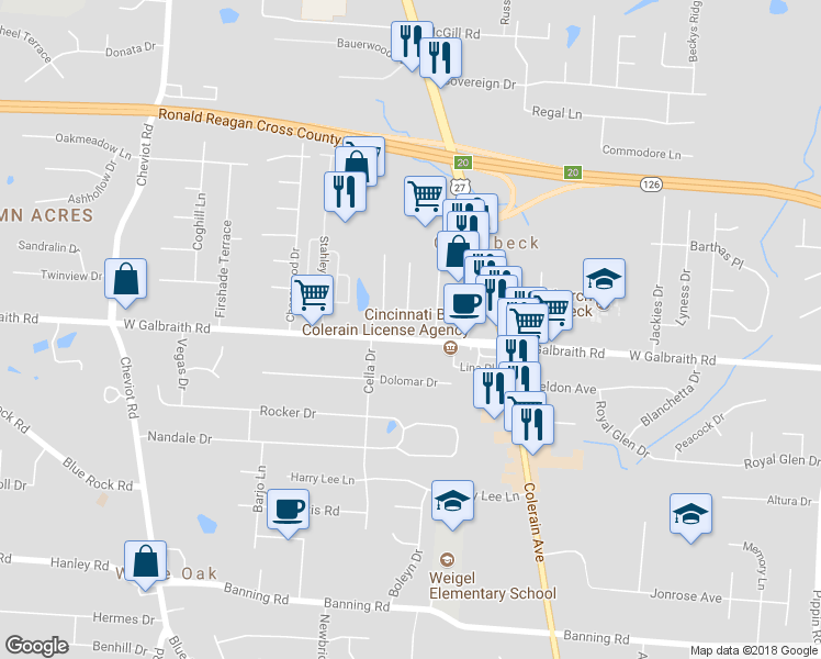 map of restaurants, bars, coffee shops, grocery stores, and more near 3260 Galbraith Road in Cincinnati