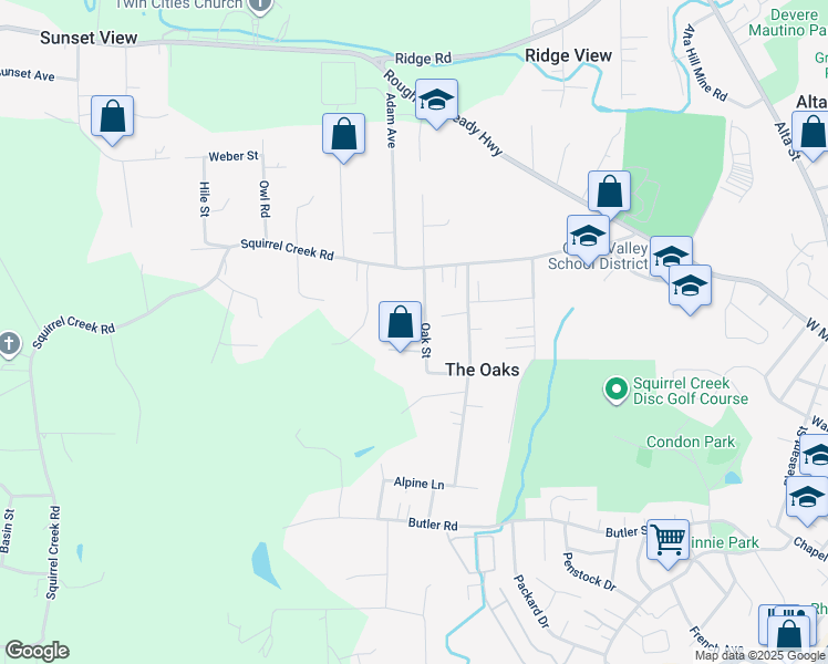 map of restaurants, bars, coffee shops, grocery stores, and more near 10539 Oak Street in Grass Valley