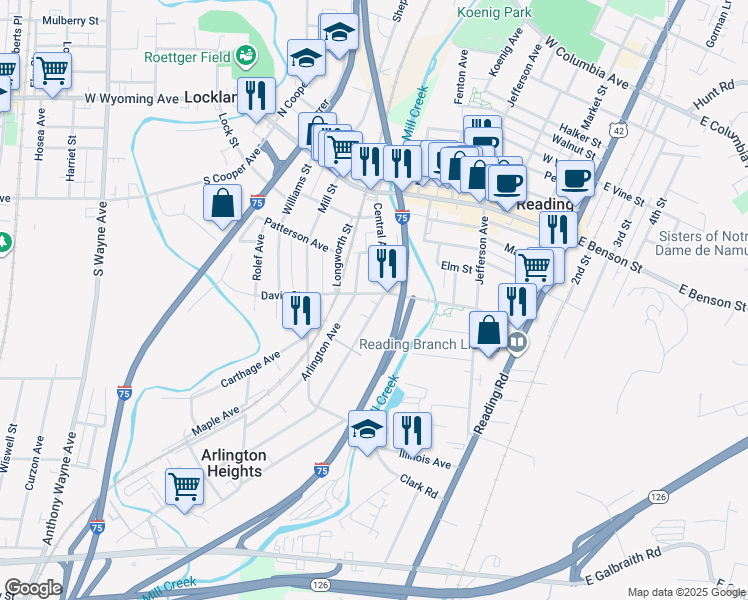 map of restaurants, bars, coffee shops, grocery stores, and more near 400 Arlington Avenue in Cincinnati
