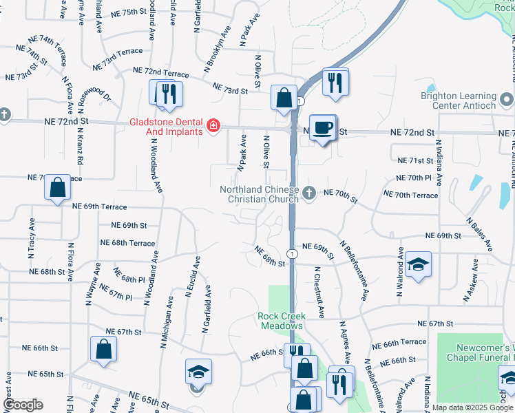 map of restaurants, bars, coffee shops, grocery stores, and more near 2324 Northeast 70th Street in Gladstone