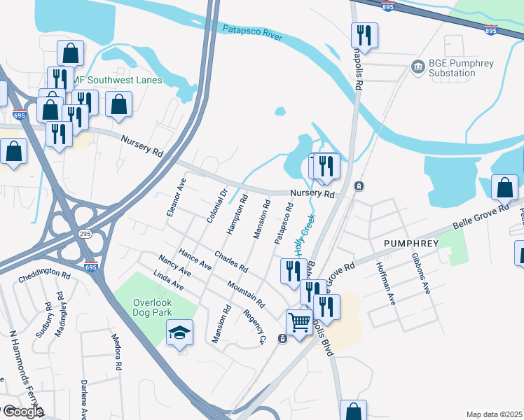 map of restaurants, bars, coffee shops, grocery stores, and more near 10 Mansion Road in Linthicum Heights