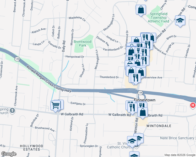map of restaurants, bars, coffee shops, grocery stores, and more near 1069 Thunderbird Avenue in Cincinnati
