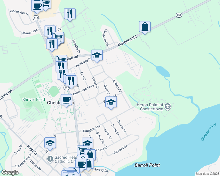 map of restaurants, bars, coffee shops, grocery stores, and more near 205 Glen Street in Chestertown