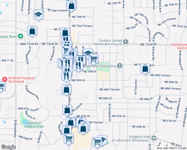 map of restaurants, bars, coffee shops, grocery stores, and more near 6910 North Holmes Street in Gladstone