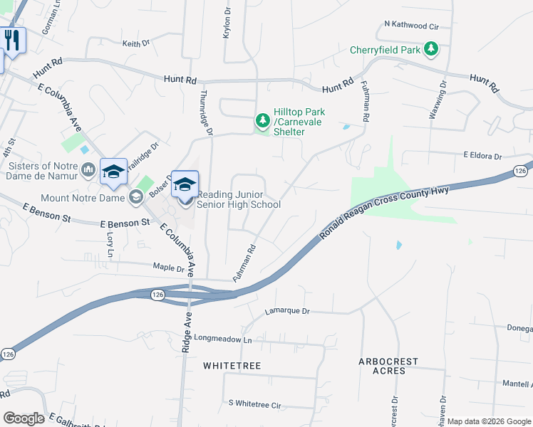 map of restaurants, bars, coffee shops, grocery stores, and more near 1185 Fuhrman Road in Reading