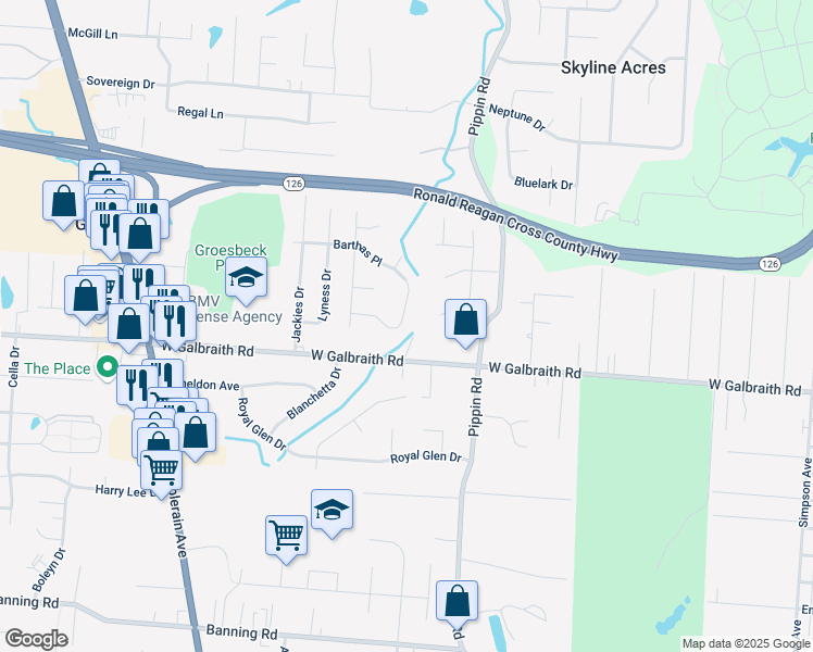 map of restaurants, bars, coffee shops, grocery stores, and more near 2628 Barthas Place in Cincinnati