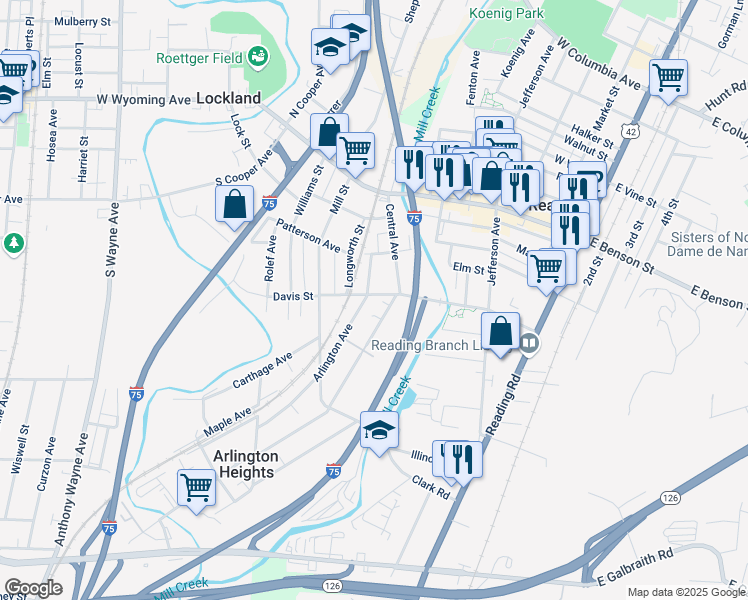 map of restaurants, bars, coffee shops, grocery stores, and more near 400 Arlington Avenue in Cincinnati