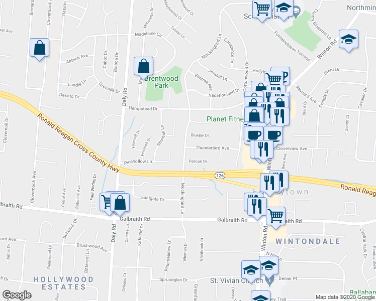 map of restaurants, bars, coffee shops, grocery stores, and more near 1069 Thunderbird Avenue in Cincinnati