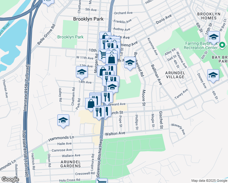 map of restaurants, bars, coffee shops, grocery stores, and more near 5507 Ritchie Highway in Brooklyn Park