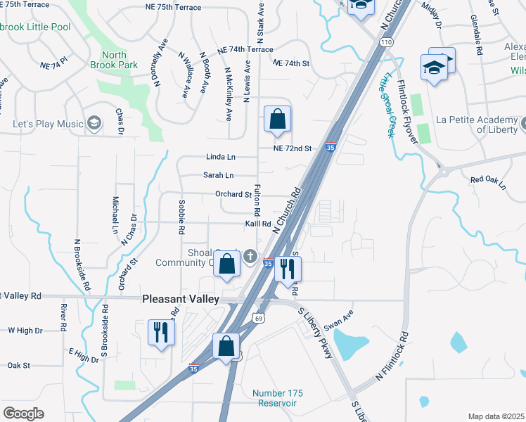 map of restaurants, bars, coffee shops, grocery stores, and more near 7005 Fulton Road in Pleasant Valley