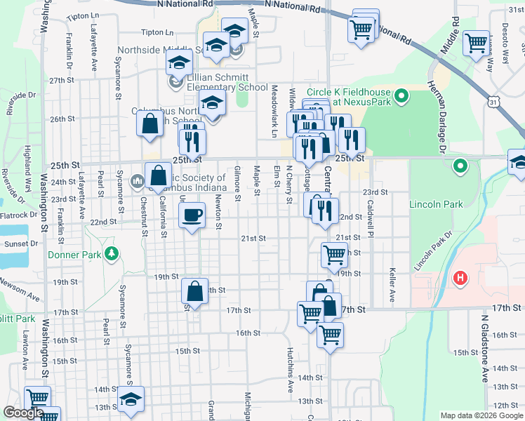 map of restaurants, bars, coffee shops, grocery stores, and more near 2209 Maple Street in Columbus