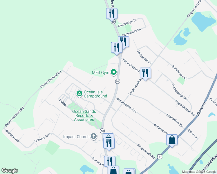 map of restaurants, bars, coffee shops, grocery stores, and more near 7 Sheila Avenue in Upper Township