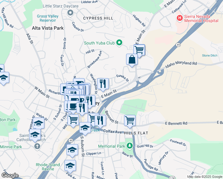 map of restaurants, bars, coffee shops, grocery stores, and more near 115 Murphy Street in Grass Valley