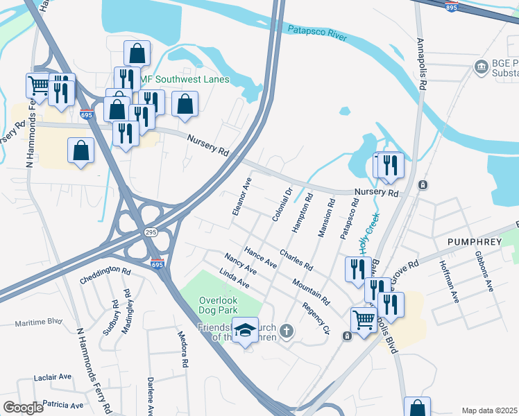 map of restaurants, bars, coffee shops, grocery stores, and more near 308 Laura Avenue in Linthicum Heights
