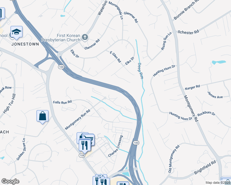 map of restaurants, bars, coffee shops, grocery stores, and more near 8589 Falls Run Road in Ellicott City