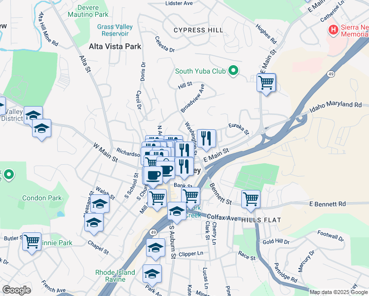 map of restaurants, bars, coffee shops, grocery stores, and more near 128 Wood Street in Grass Valley
