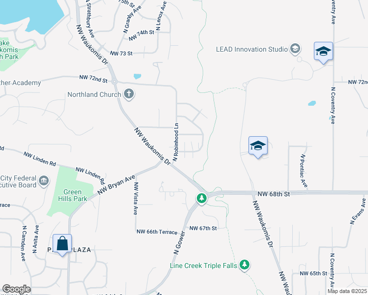 map of restaurants, bars, coffee shops, grocery stores, and more near 3530 Northwest 69th Terrace in Kansas City