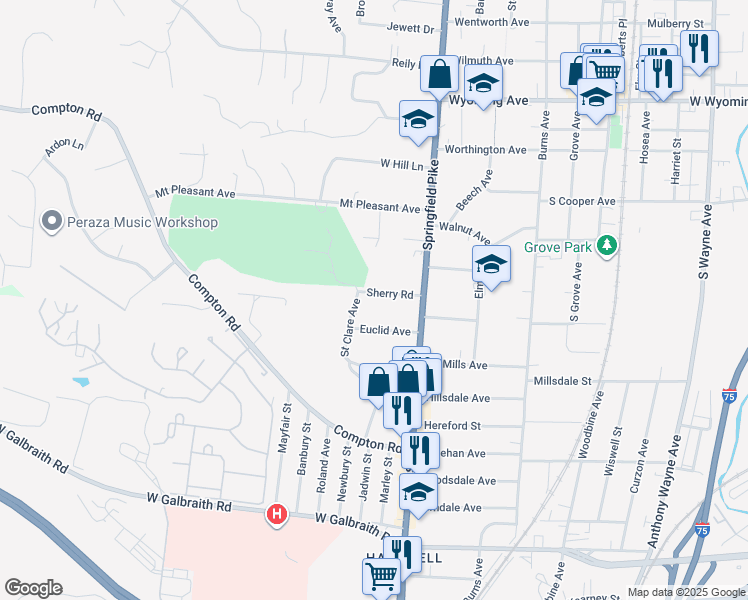 map of restaurants, bars, coffee shops, grocery stores, and more near 47 Sherry Road in Cincinnati