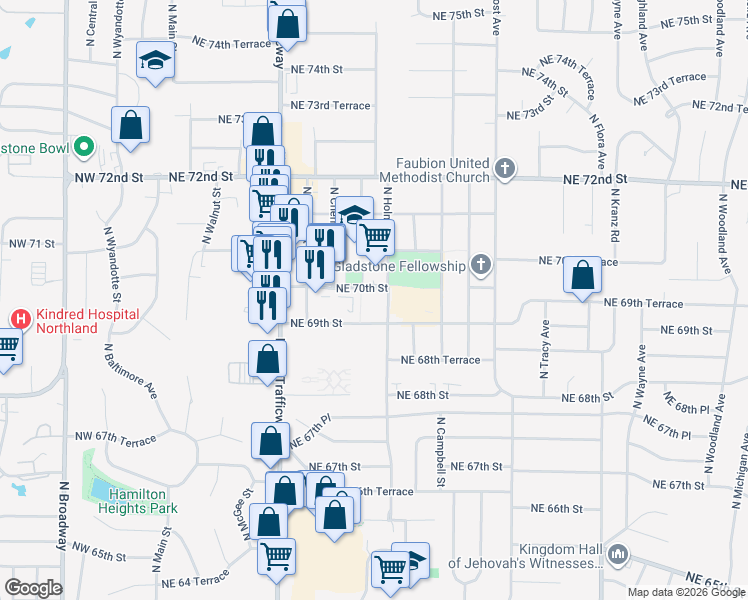 map of restaurants, bars, coffee shops, grocery stores, and more near 6910 North Holmes Street in Gladstone