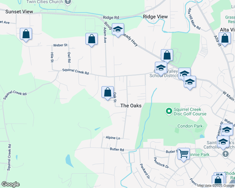 map of restaurants, bars, coffee shops, grocery stores, and more near 10539 Oak Street in Grass Valley