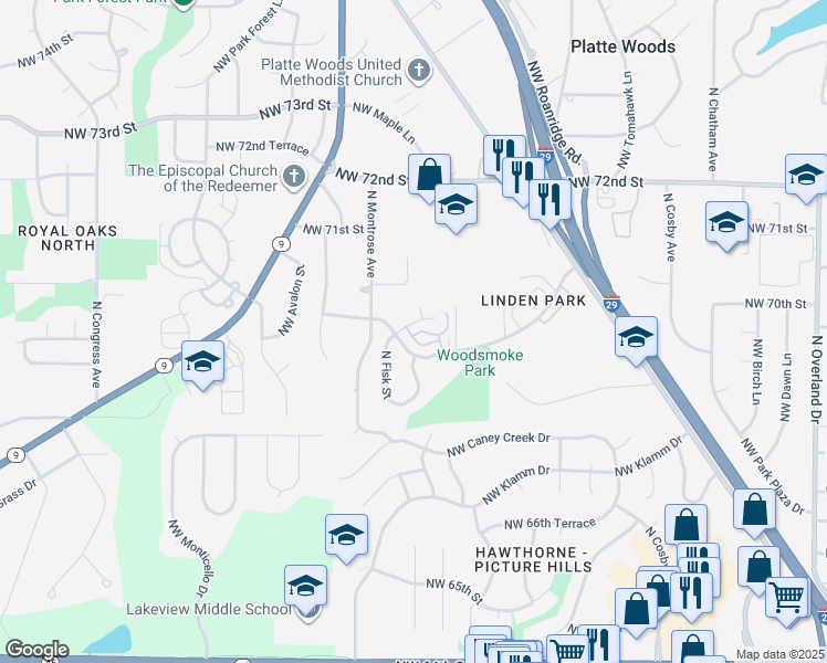map of restaurants, bars, coffee shops, grocery stores, and more near 7009 North Fisk Court in Kansas City