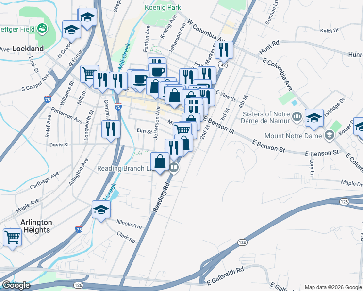 map of restaurants, bars, coffee shops, grocery stores, and more near 8789 Reading Road in Cincinnati