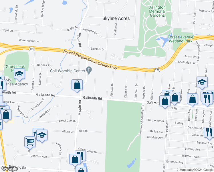 map of restaurants, bars, coffee shops, grocery stores, and more near 2302 West Galbraith Road in Cincinnati