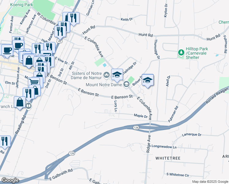 map of restaurants, bars, coffee shops, grocery stores, and more near 650 East Benson Street in Cincinnati