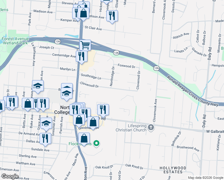 map of restaurants, bars, coffee shops, grocery stores, and more near 1503 Clovernoll Drive in Cincinnati