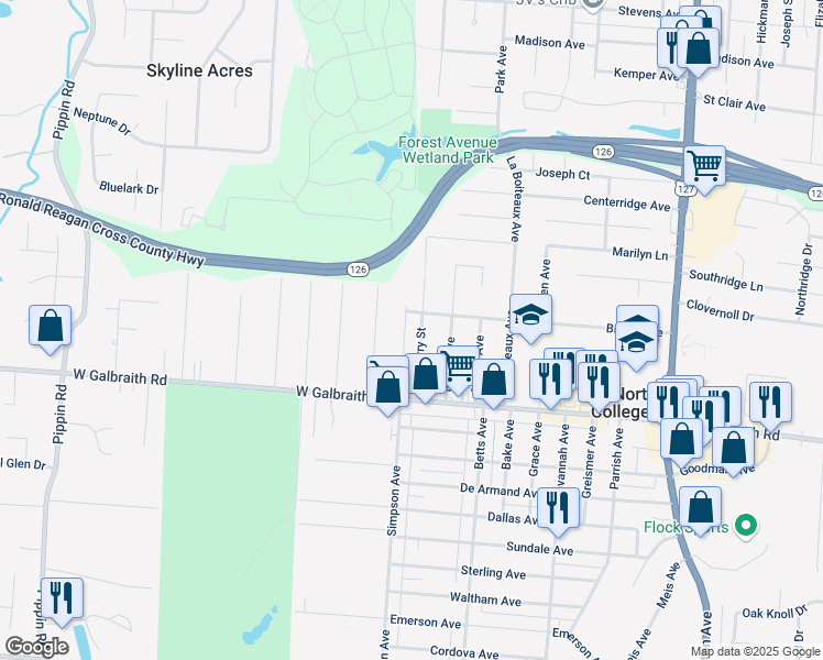 map of restaurants, bars, coffee shops, grocery stores, and more near 6953 Mulberry Street in Cincinnati