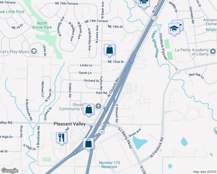 map of restaurants, bars, coffee shops, grocery stores, and more near 7006 North Church Road in Pleasant Valley