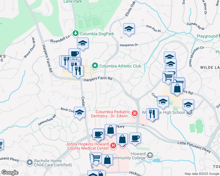 map of restaurants, bars, coffee shops, grocery stores, and more near 5431 High Tide Court in Columbia