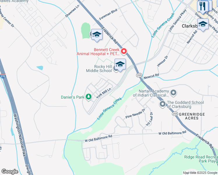 map of restaurants, bars, coffee shops, grocery stores, and more near 12711 York Mill Lane in Clarksburg
